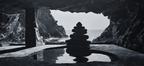 Yoga Meditation Monochromes Gebirgslandschaft Mit Kies Stapel Und Meeröffnung | Yoga und Meditation | Themen und Hobbys