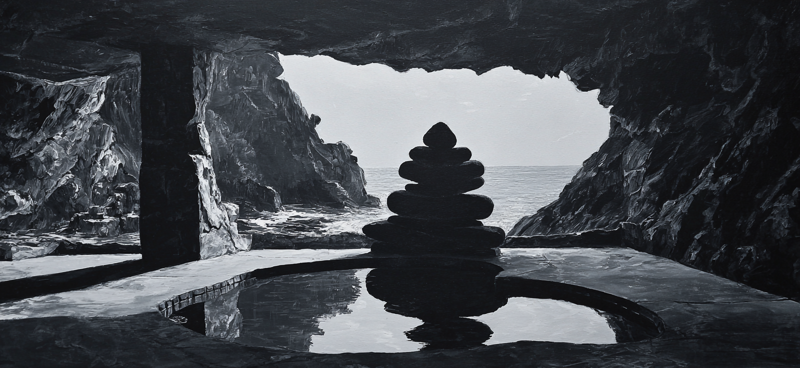 Yoga Meditation Monochromes Gebirgslandschaft Mit Kies Stapel Und Meeröffnung | Yoga und Meditation | Themen und Hobbys