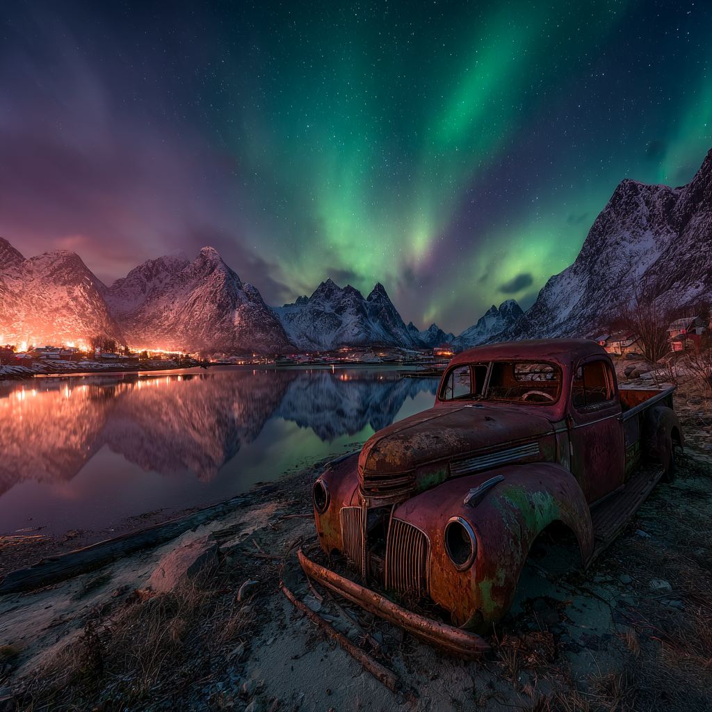 Polarlicht Rustikale Alte Lkw Und Nordlichter Im Nacht Himmel | Fjorde und Gletscher | Landschaften