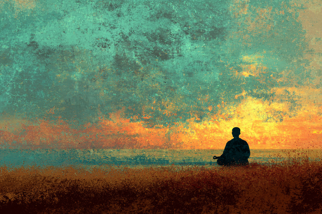 Yoga Meditation Meditierende Person Im Sonnenuntergang Mit Farbenfrohem Himmel | Yoga und Meditation | Themen und Hobbys