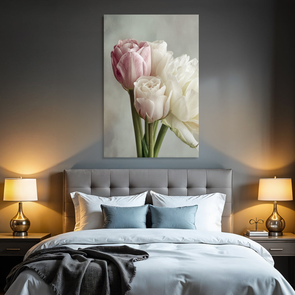 Nahaufnahme Von Rosa Und Weisser Rose Mit Tulpen