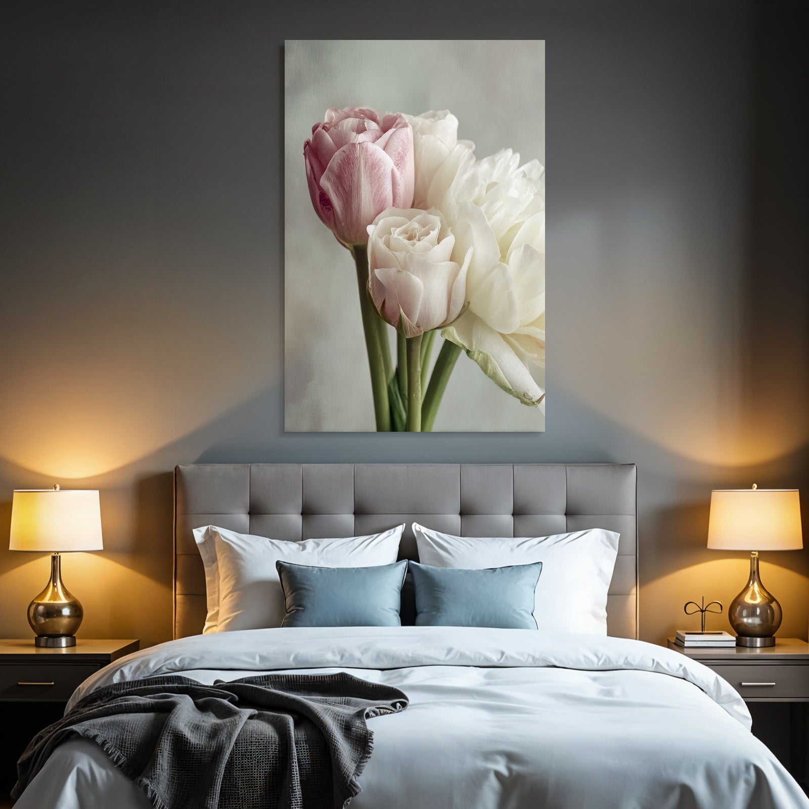 Nahaufnahme Von Rosa Und Weisser Rose Mit Tulpen