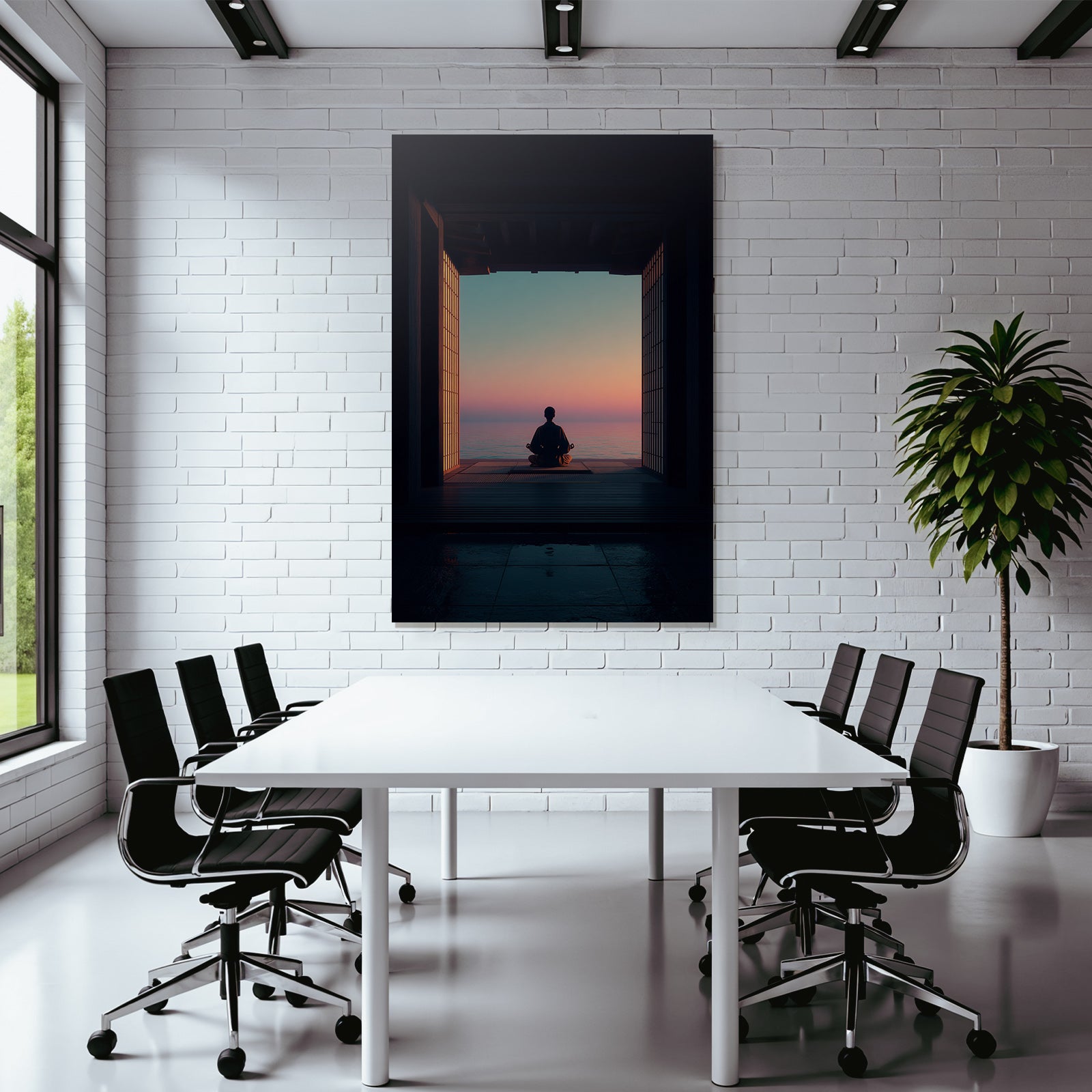 Yoga Meditation Ruhige Szene Person Meditiert See Horizont Sonnenuntergang Japanisches Design | Yoga und Meditation | Themen und Hobbys
