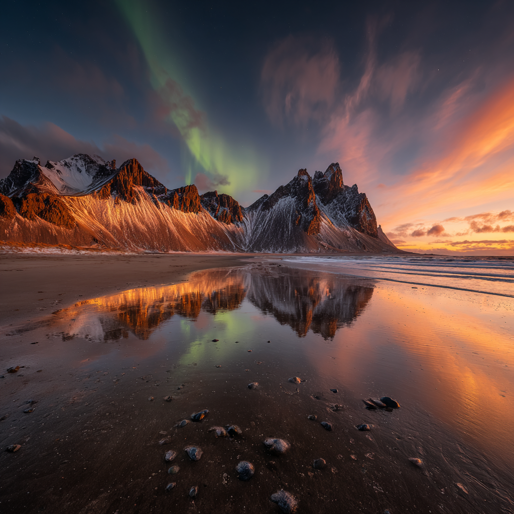 Polarlicht Atemberaubende Natur Landschaft Aurora Borealis Bergrücken Am Meer | Fjorde und Gletscher | Landschaften