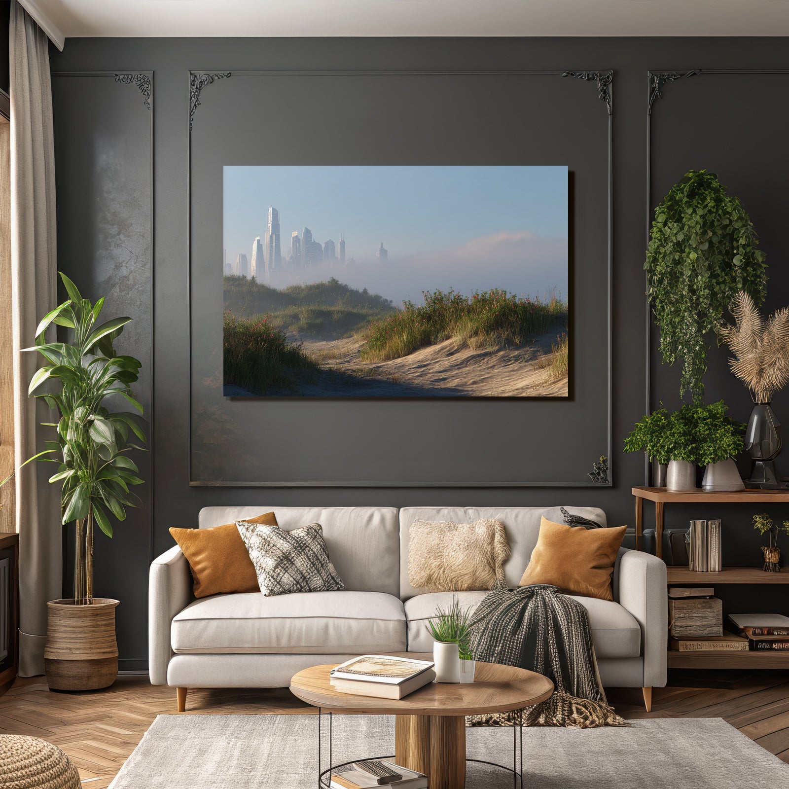 Ruhige Landschaft Sanddünen Und Futuristische Stadt Skyline | Duenen und Heide | Landschaften