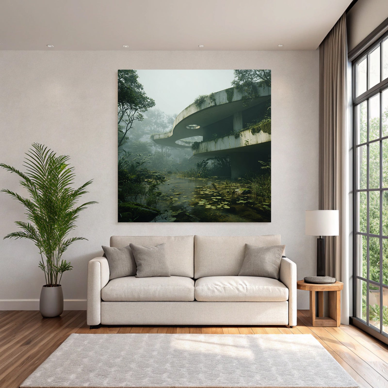 Abstrakte Architektonische Struktur Umschlossen Von Vegetation Und Nebel | Lost Places | Architektur