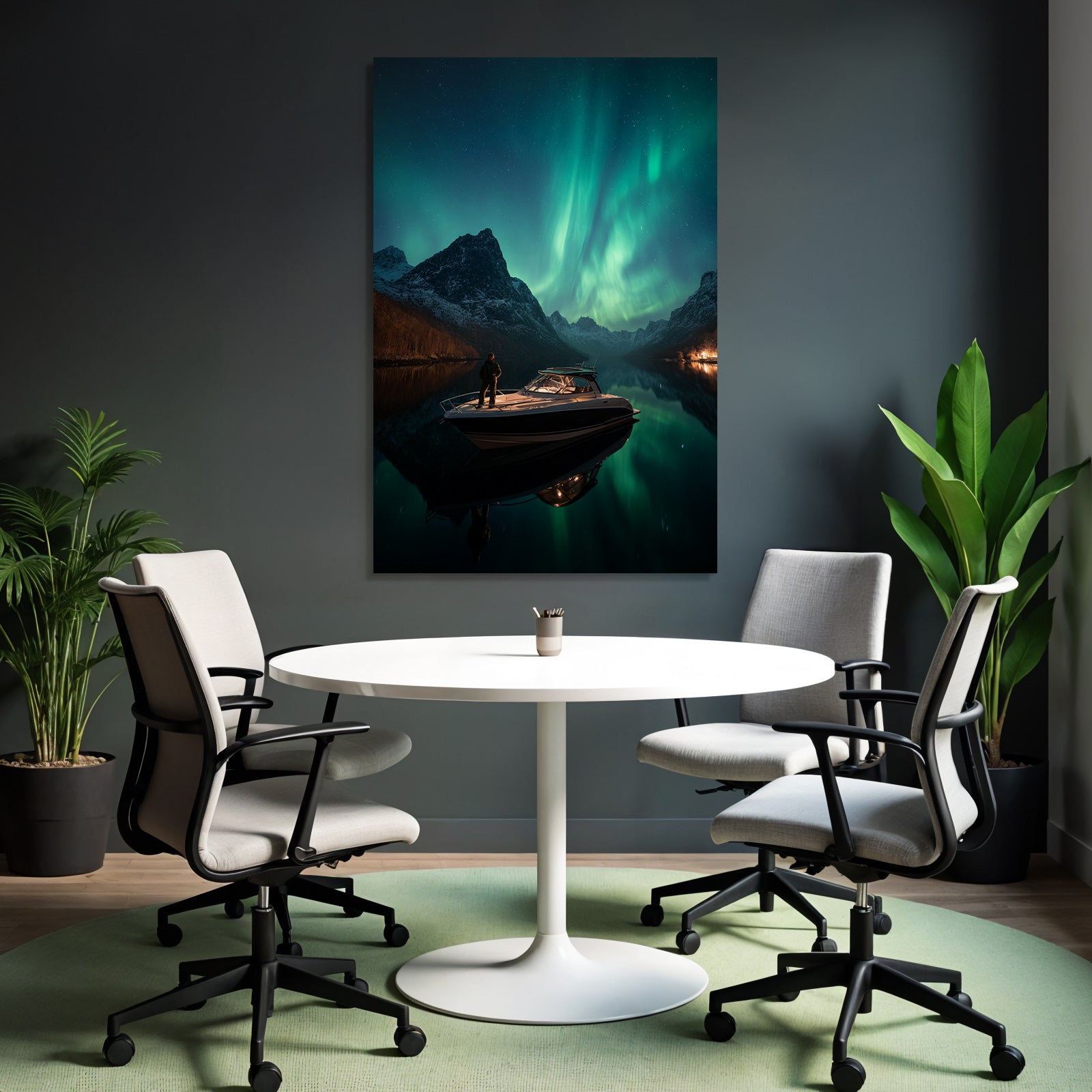 Polarlicht Nachtlandschaft Boote Aurora Sterne Reflexion | Fjorde und Gletscher | Landschaften