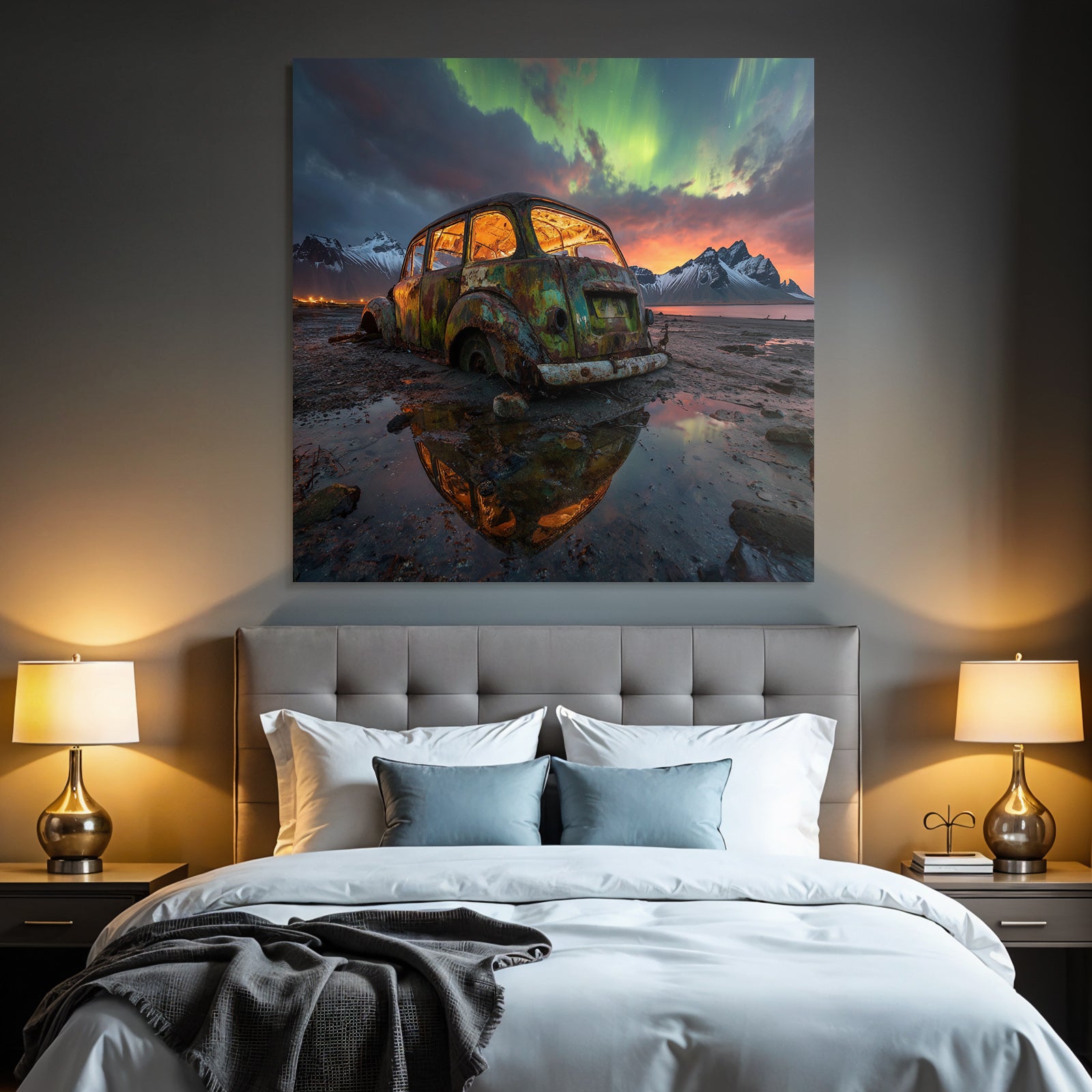 Polarlicht Verlassener Rustiger Wagen In Natur Mit Aurora Borealis Im Himmel | Fjorde und Gletscher | Landschaften