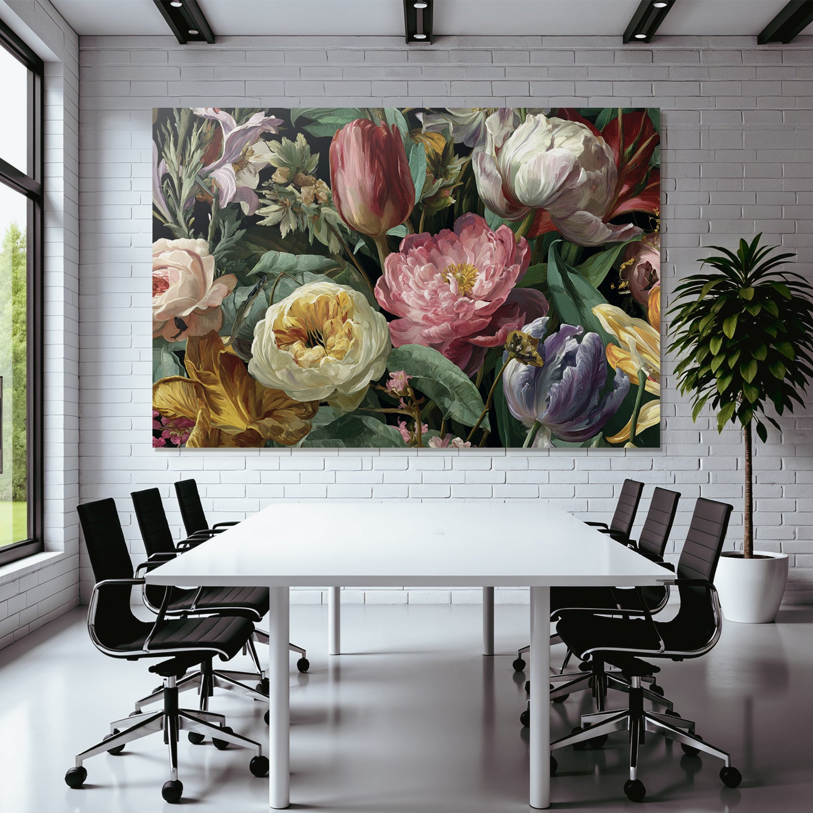 Üppiger Bunter Strauss Mit Rosen Tulpen Pfingstrosen Und Blattwerk Vor Dunklem Hintergrund