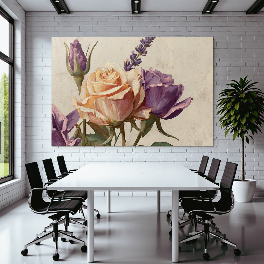 Nahaufnahme Einer Pfirsichfarbenen Rose Purpurrose Und Lavendelzweig