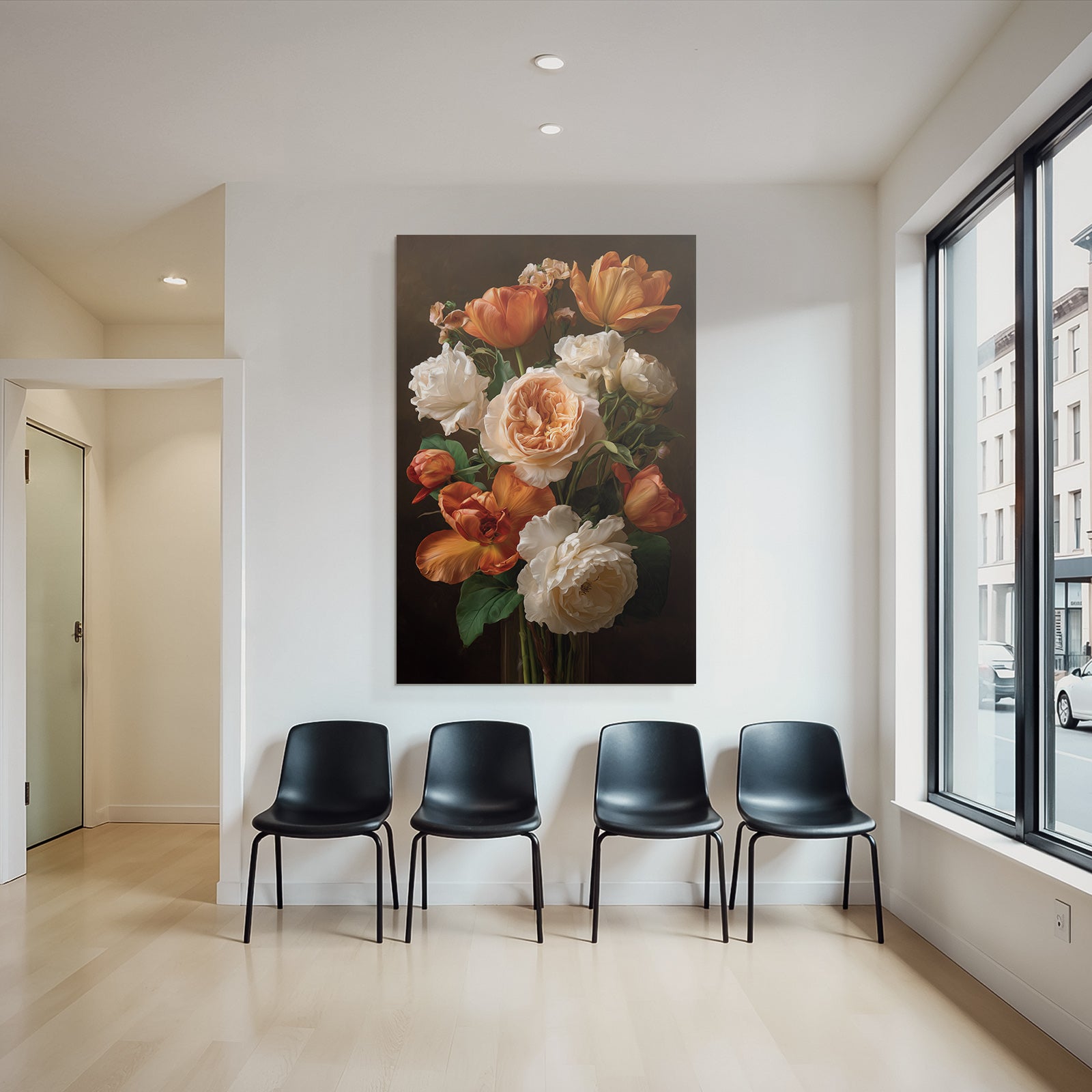 Strauss Mit Orange Und Weissen Rosen Und Tulpen