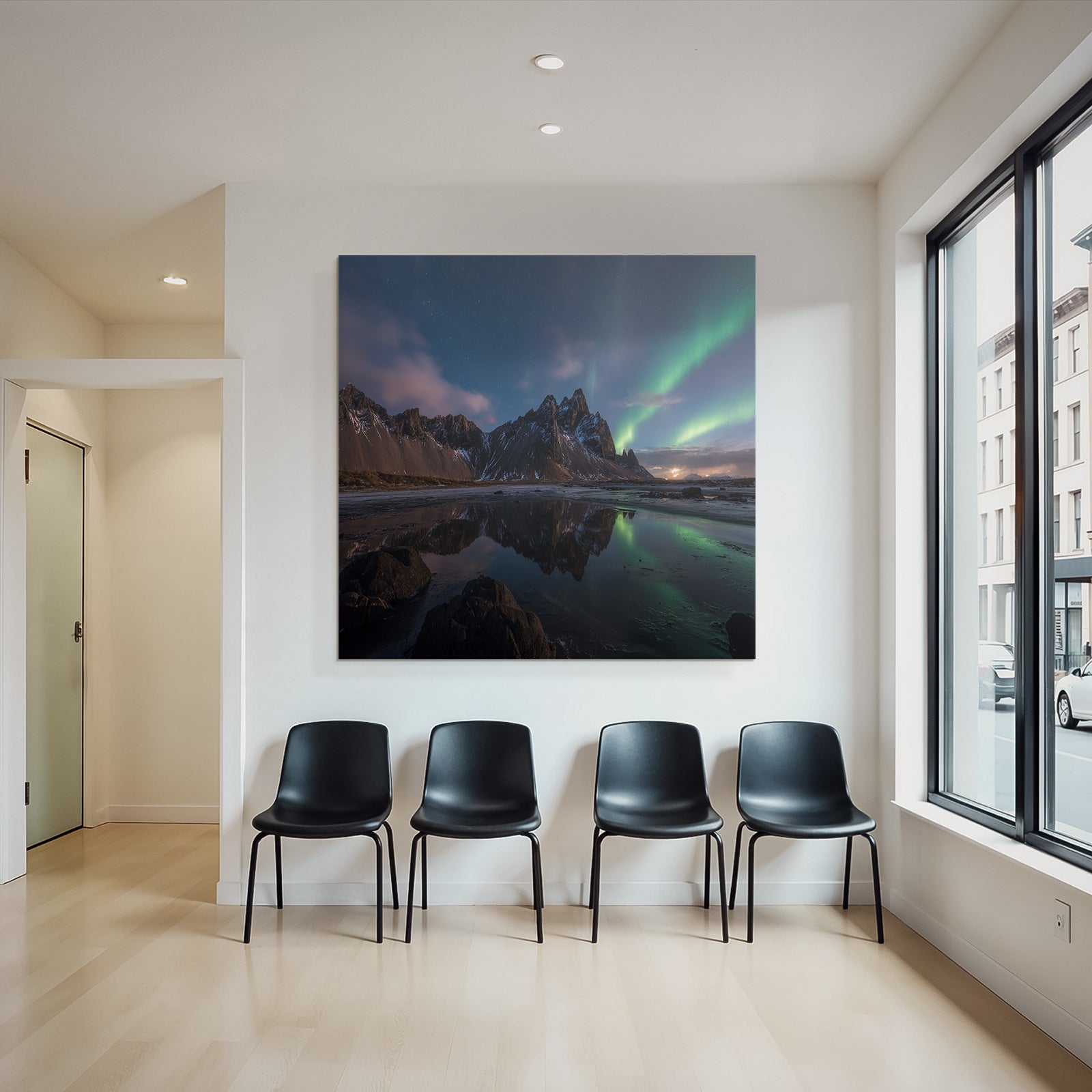 Polarlicht Atemberaubende Naturlandschaft Mit Bergen Und Nordlichtern Reflektion Im Wasser | Fjorde und Gletscher | Landschaften