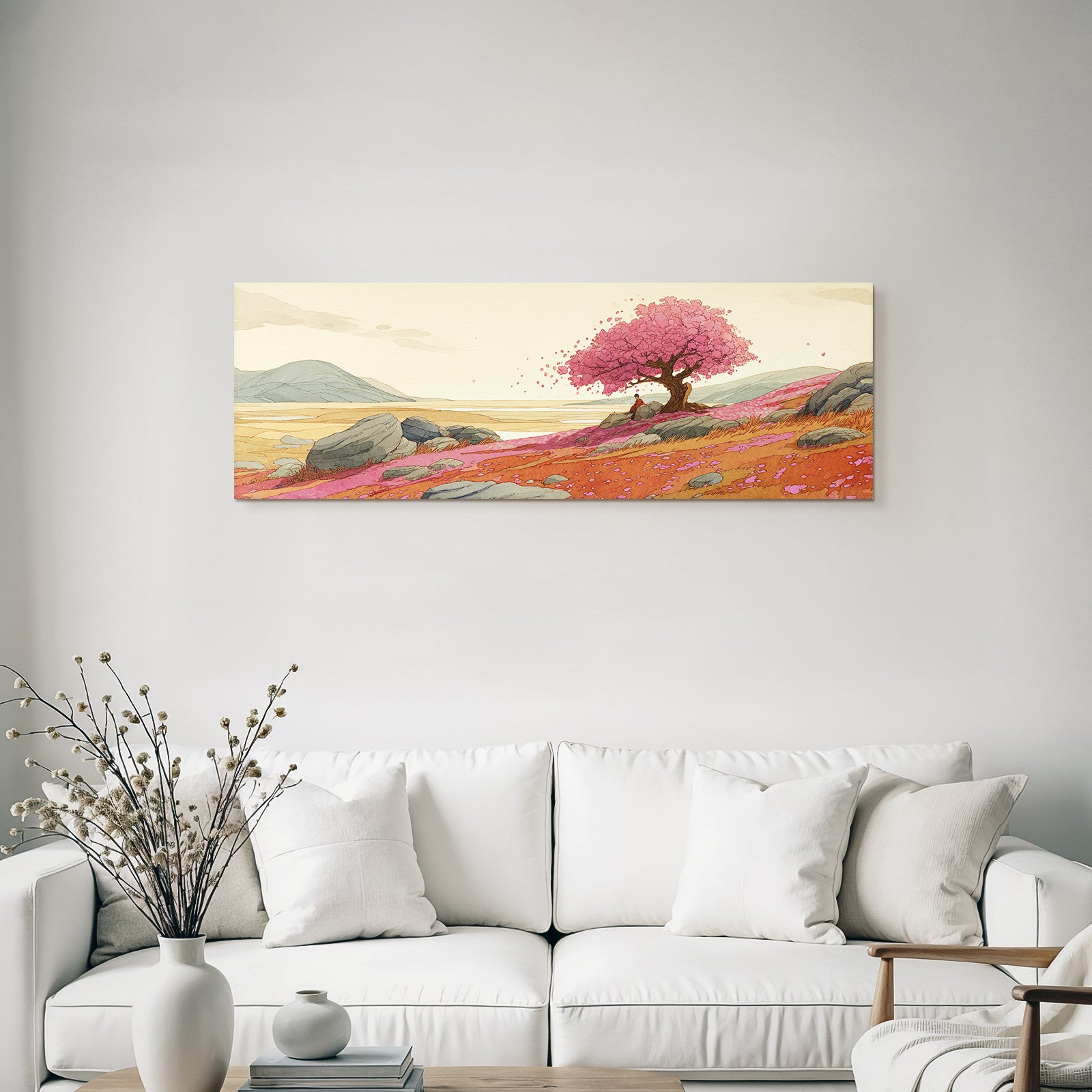 Friedliche Landschaft Mit Kirschbaum Und Person Auf Felsen