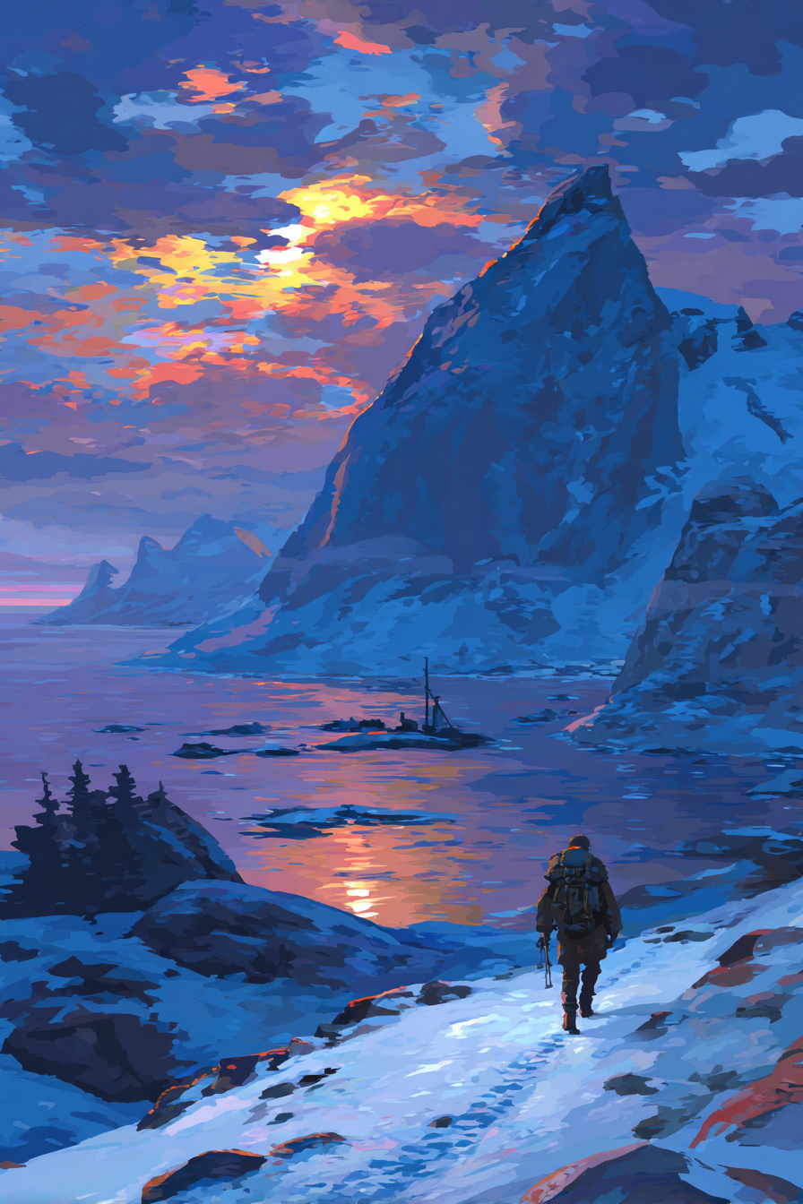 Polarlicht Schneepfad Im Sonnenaufgang Mit Berglandschaft Und Wasser | Fjorde und Gletscher | Landschaften