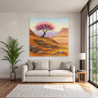 Aquarell Einsamer Baum Mit Rosa Blüten Vor Felsigen Hügeln
