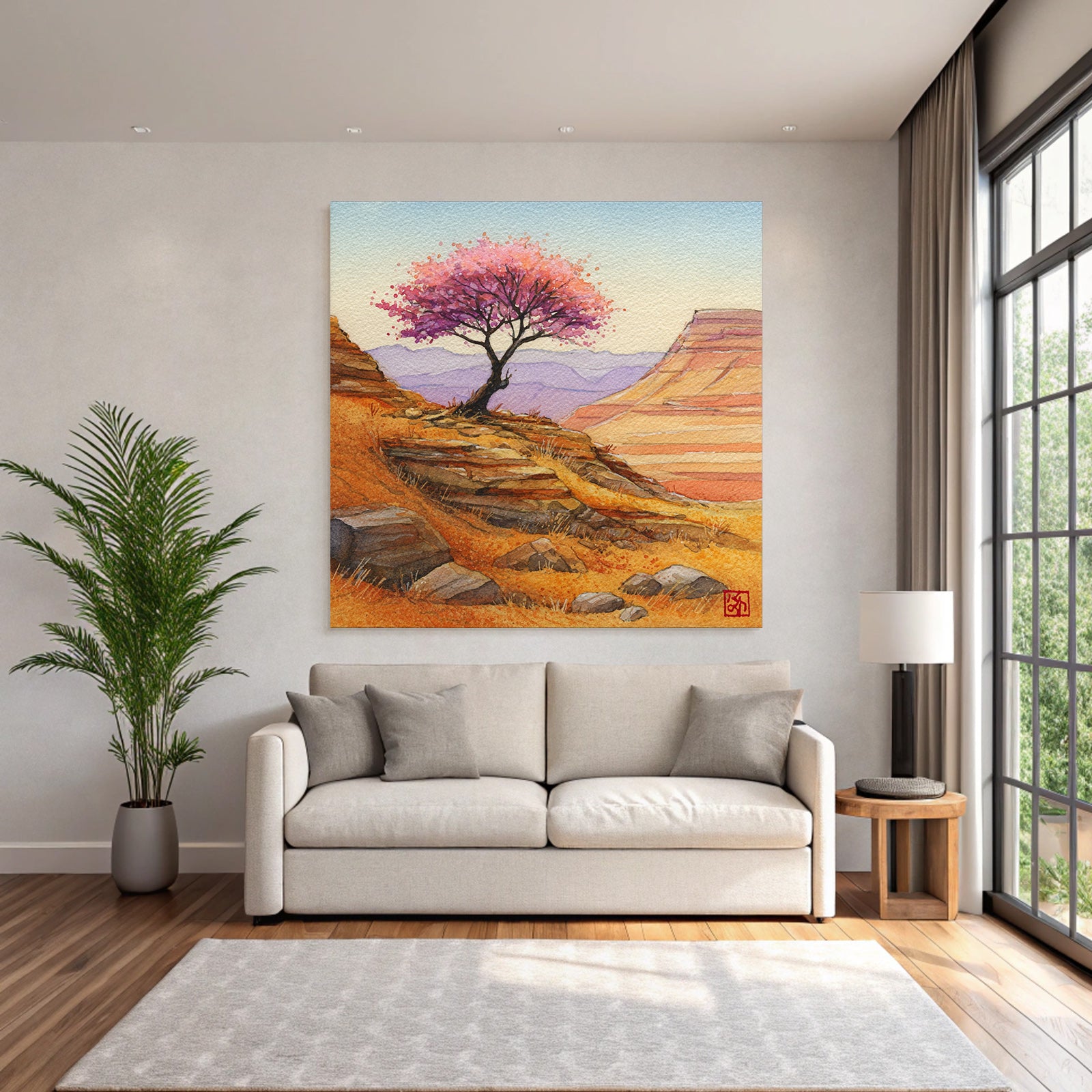 Aquarell Einsamer Baum Mit Rosa Blüten Vor Felsigen Hügeln