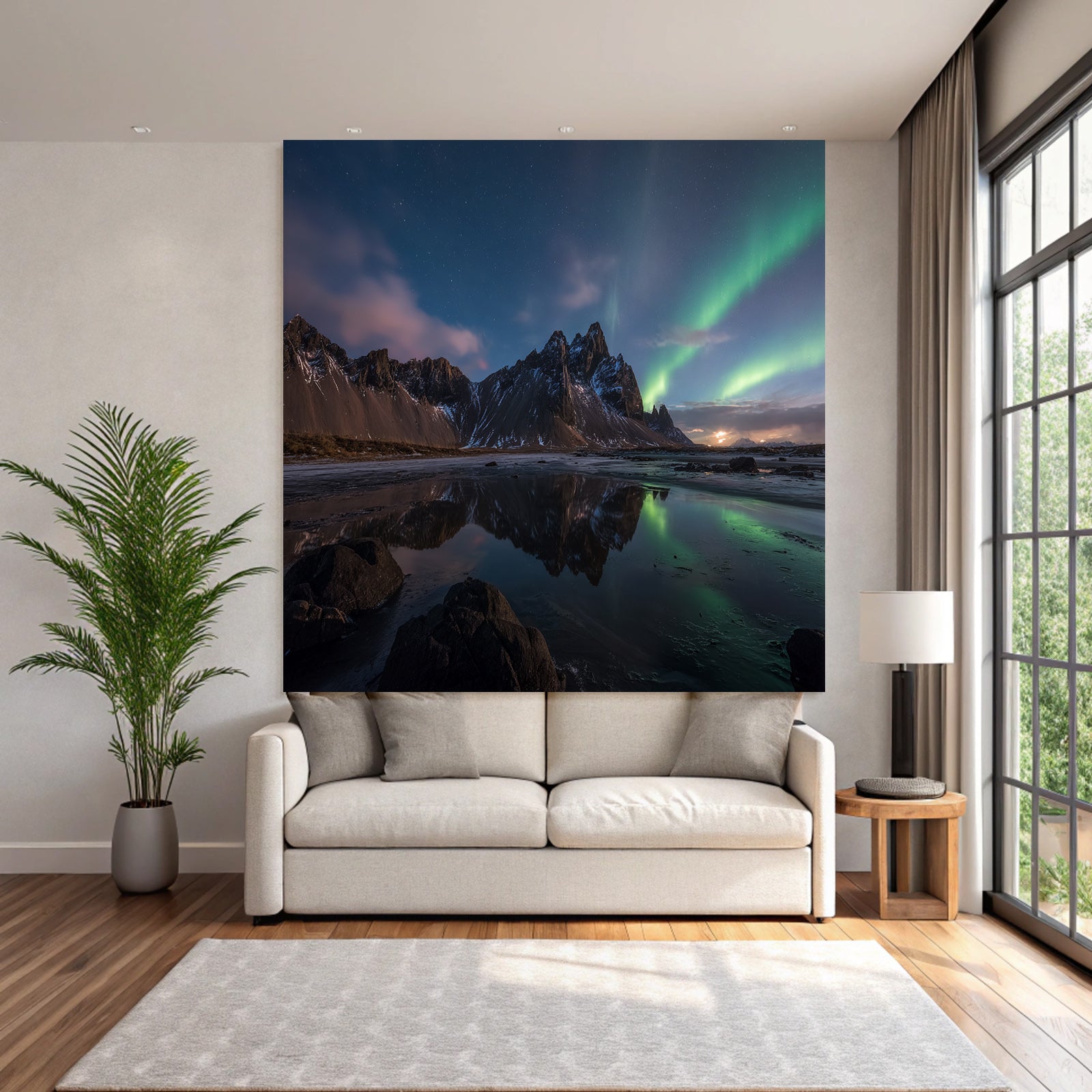 Polarlicht Atemberaubende Naturlandschaft Mit Bergen Und Nordlichtern Reflektion Im Wasser | Fjorde und Gletscher | Landschaften
