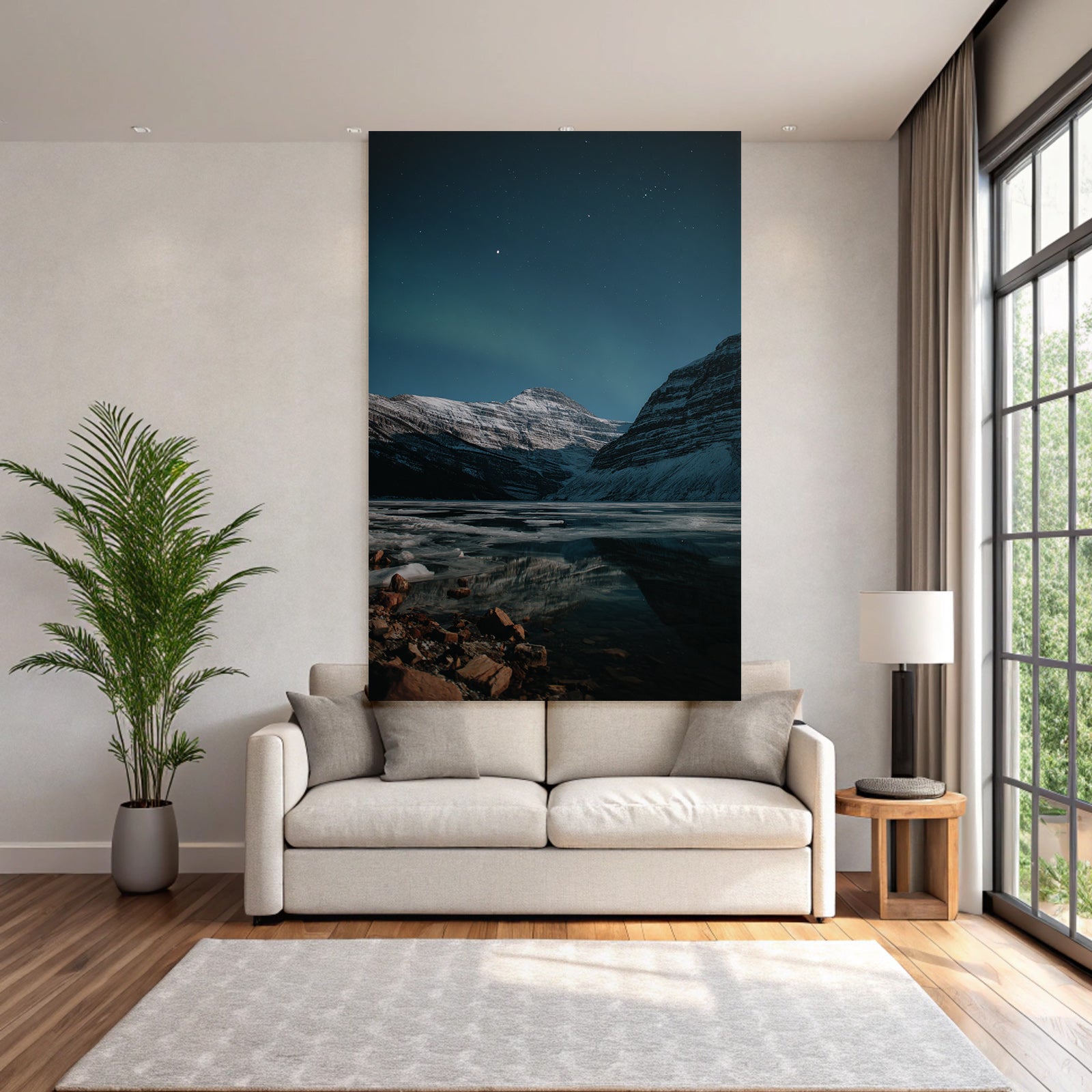Polarlicht Ruhige Winterlandschaft Schneebedeckte Berge Reflektion Im Wasser Mit Sternen Und Auroren | Fjorde und Gletscher | Landschaften