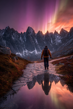 Polarlicht Schöne Landschaft Auroren Und Bergweg Mit Reflexion Im Wasser | Fjorde und Gletscher | Landschaften