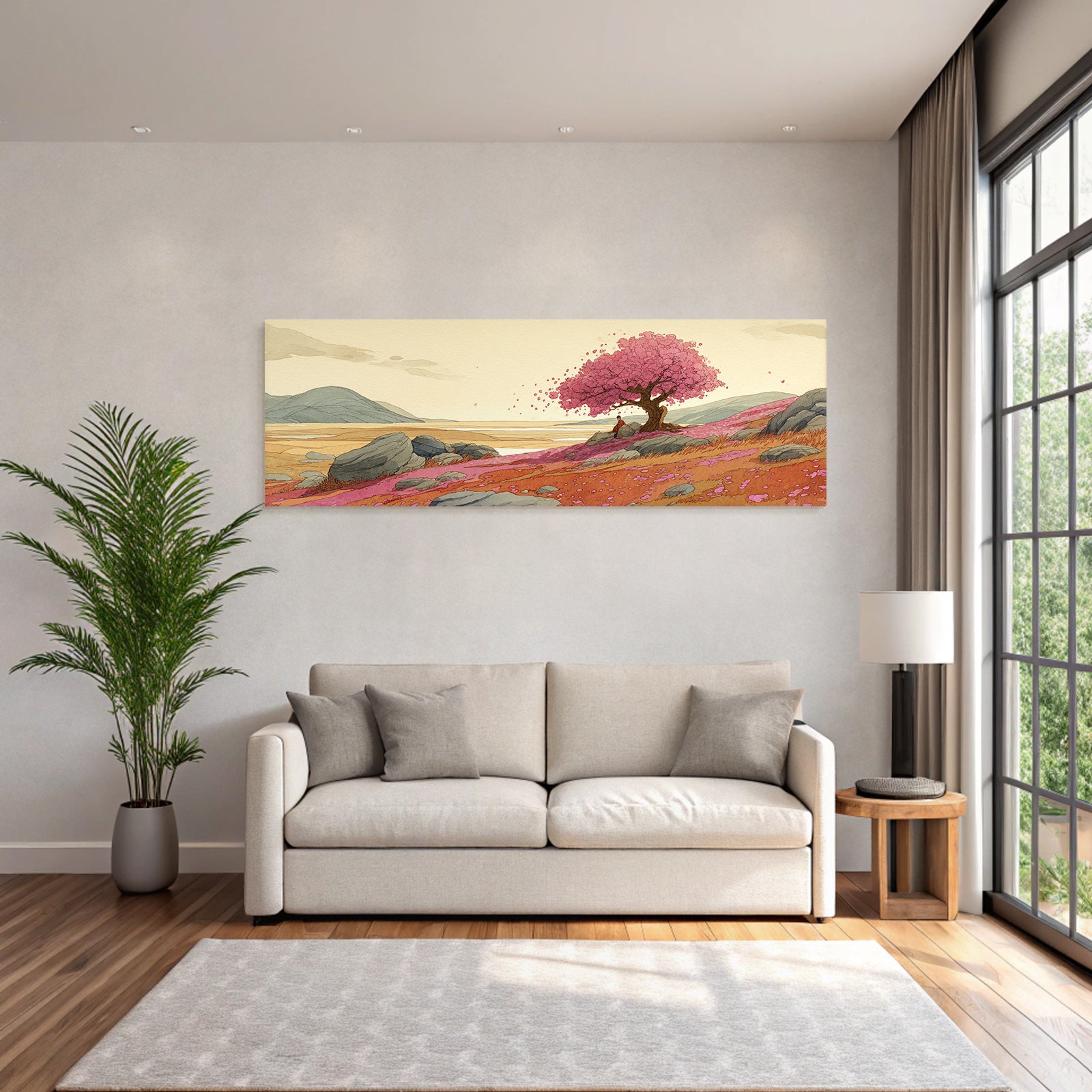 Friedliche Landschaft Mit Kirschbaum Und Person Auf Felsen