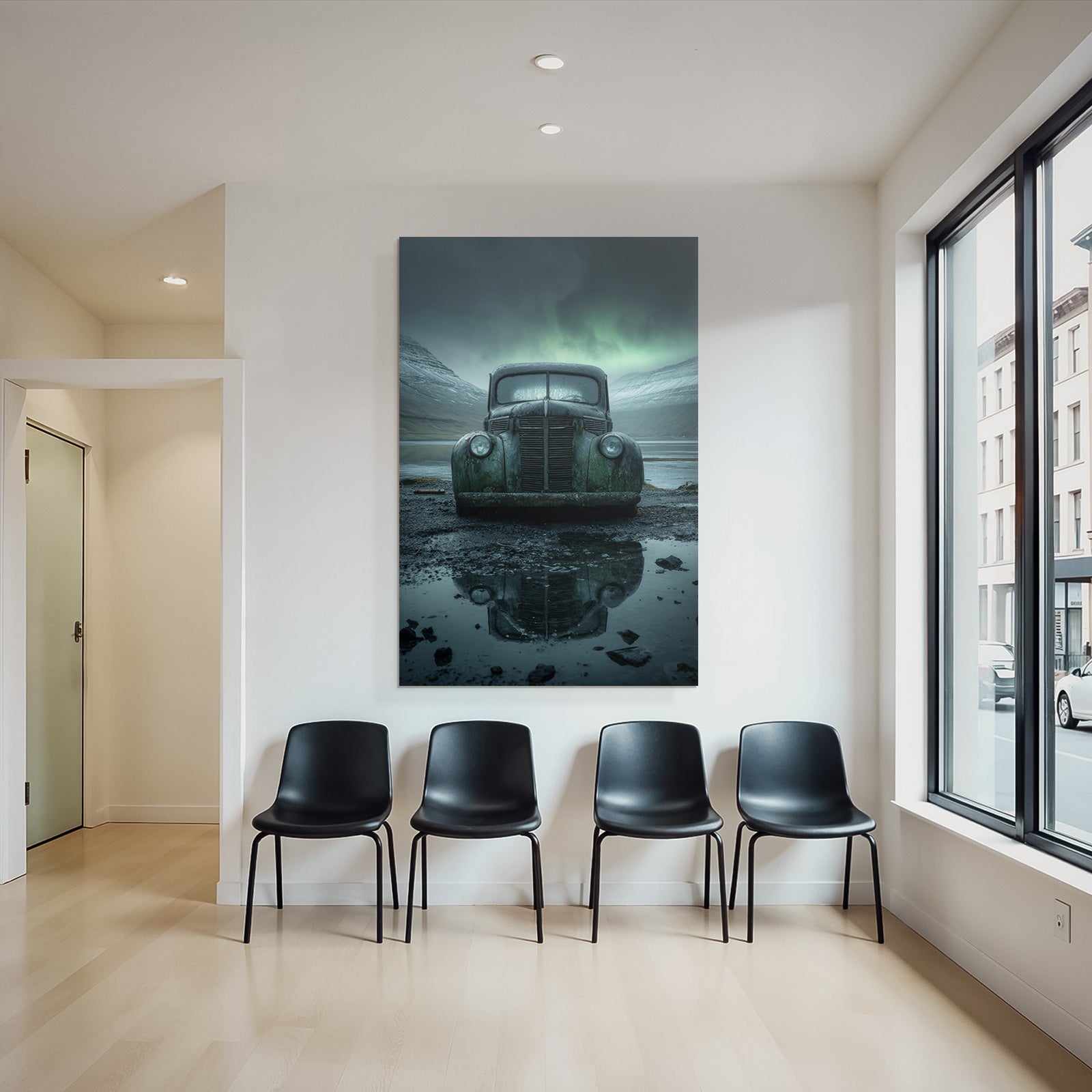 Polarlicht Alte Verlassene Autos In Verlassenem Landscape Mit Bergen Und Reflektierendem Pfütze | Fjorde und Gletscher | Landschaften