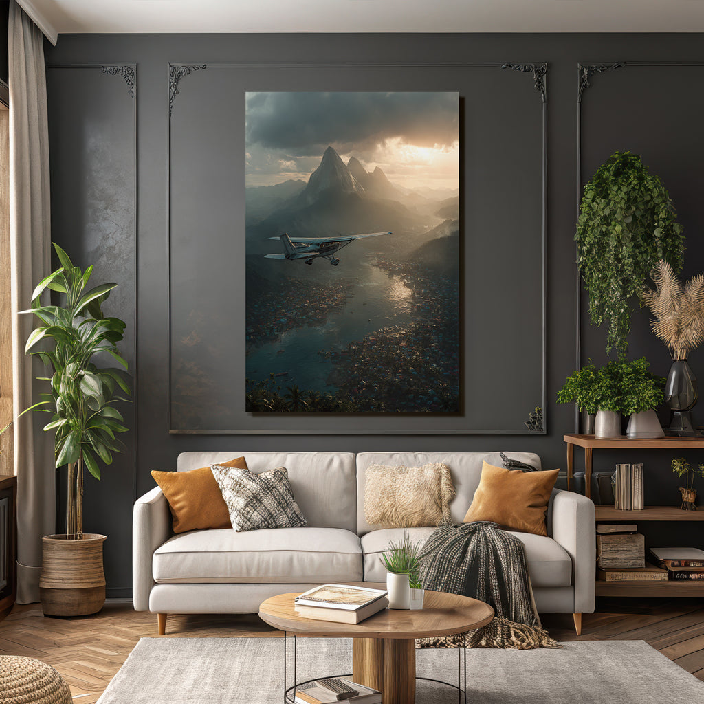 Kleiner Flugzeug Über Berge Und Wasser Bunte Haeuser Landschaft | Flugzeuge | Mobilitaet und Technik