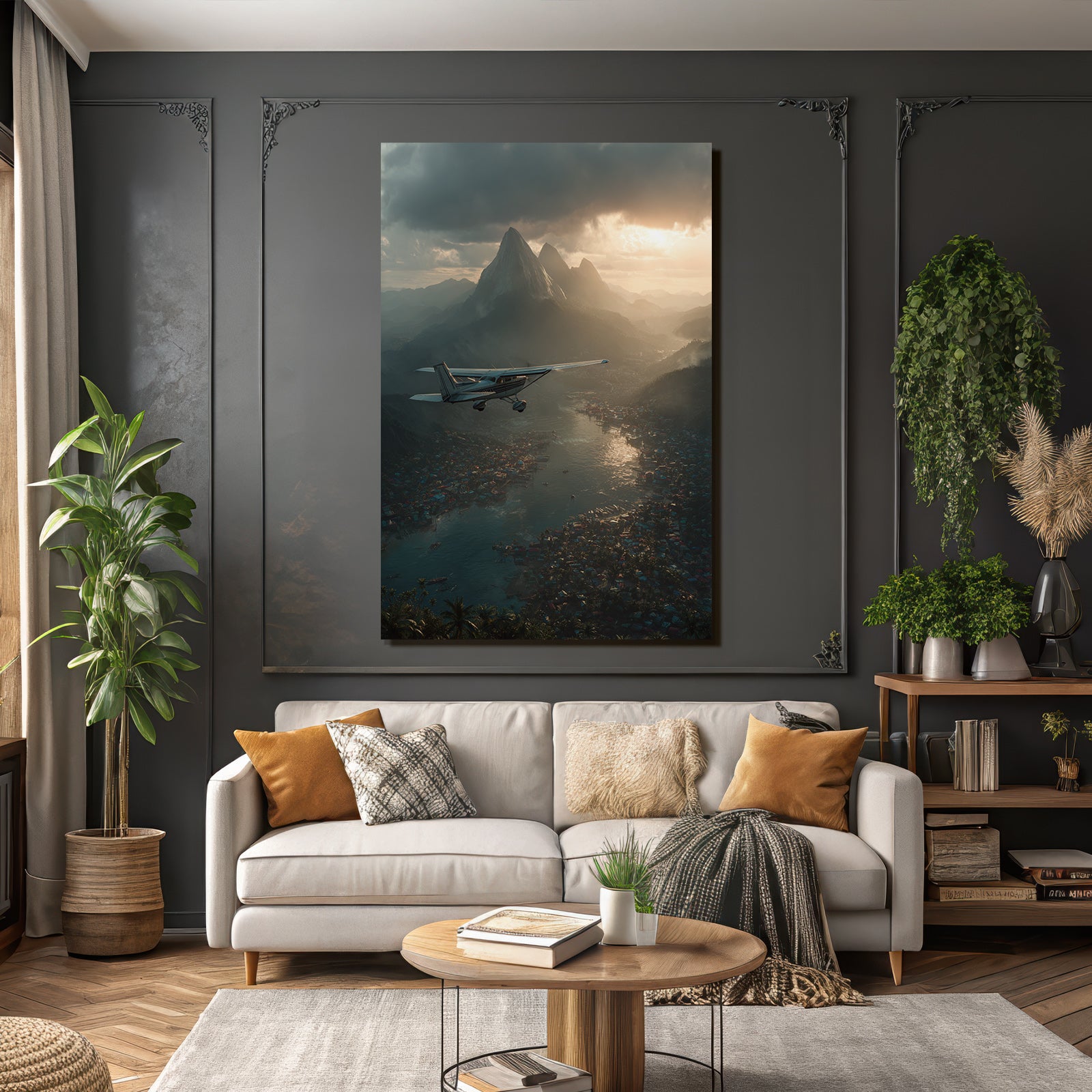 Kleiner Flugzeug Über Berge Und Wasser Bunte Haeuser Landschaft | Flugzeuge | Mobilitaet und Technik