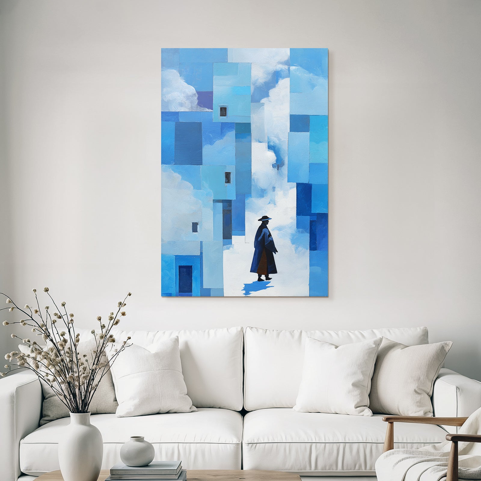 Yoga Meditation Gestalt In Dunklem Mantel Und Hut Auf Abstraktem Blaün Hintergrund | Yoga und Meditation | Themen und Hobbys