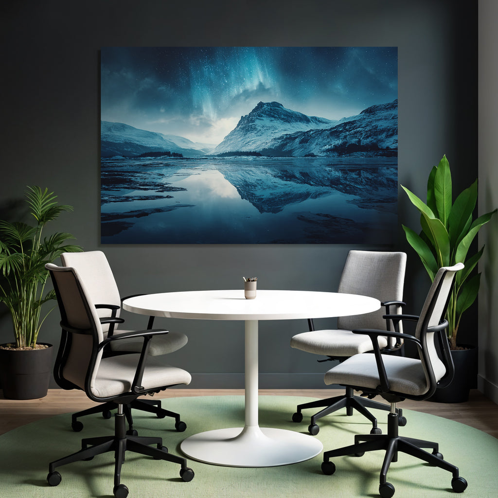 Polarlicht Szenische Landlandschaft Mit Bergen Und Aurora Borealis Reflektiert Im Wasser | Fjorde und Gletscher | Landschaften