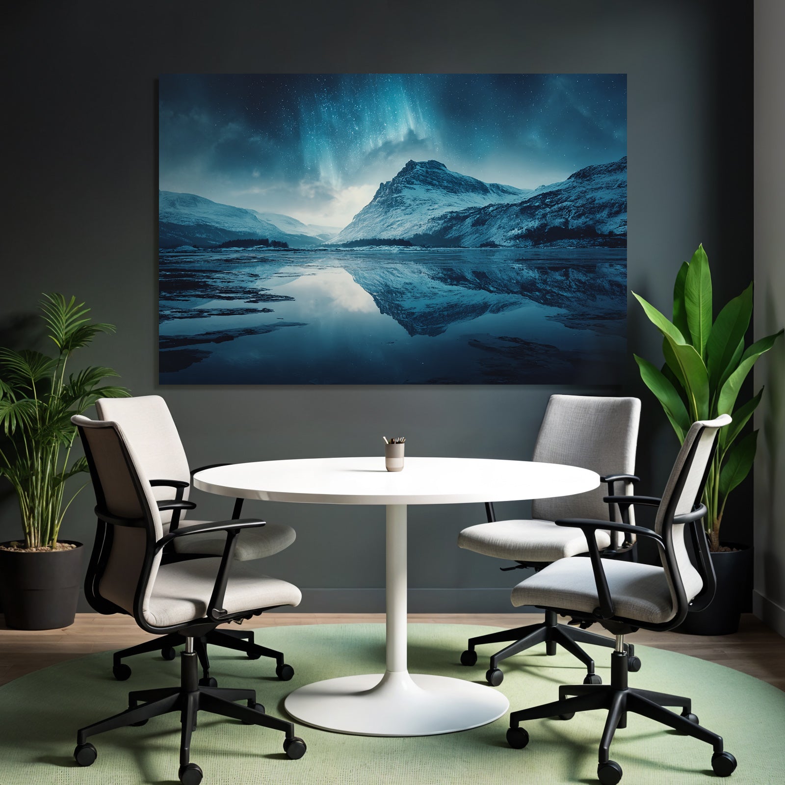 Polarlicht Szenische Landlandschaft Mit Bergen Und Aurora Borealis Reflektiert Im Wasser | Fjorde und Gletscher | Landschaften