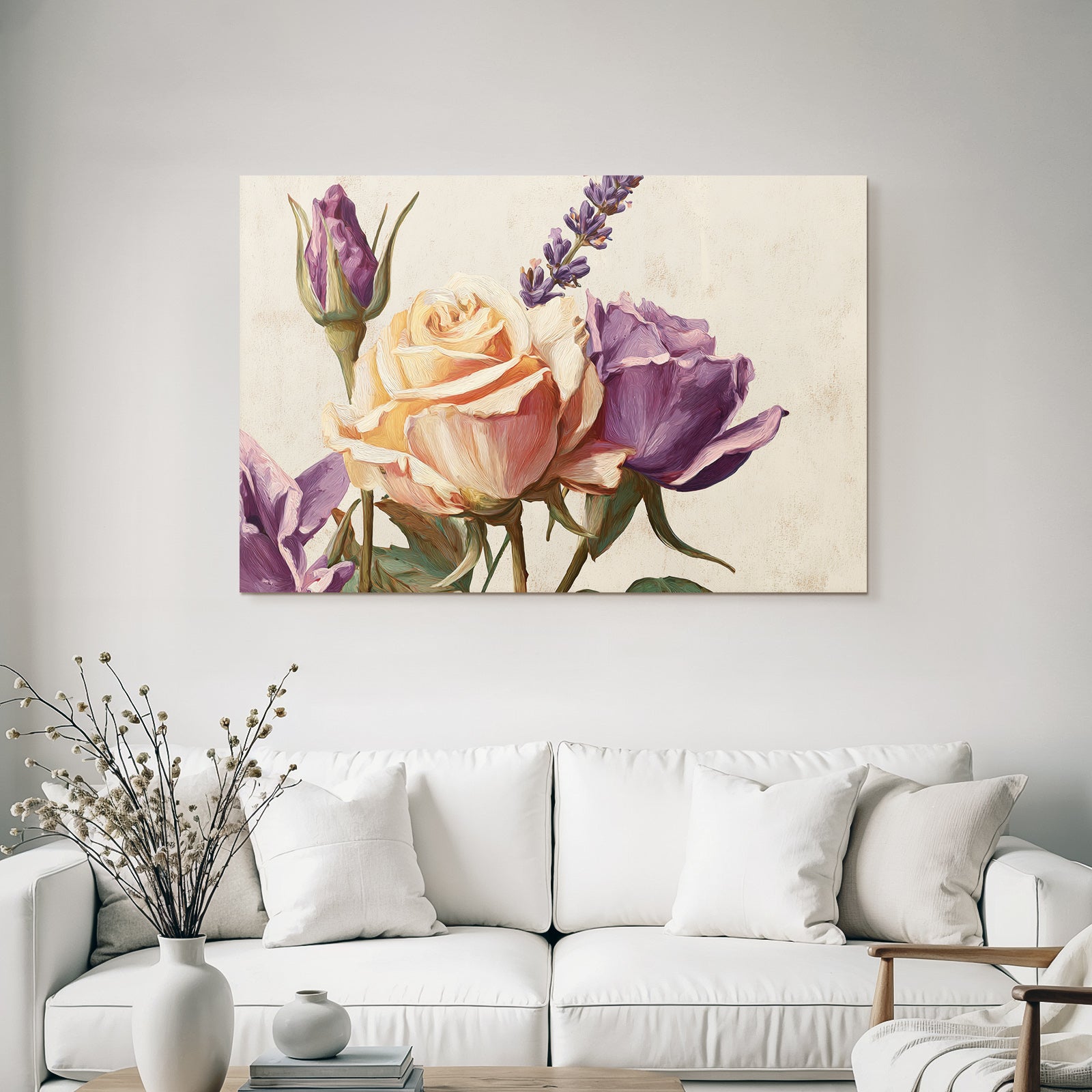 Nahaufnahme Einer Pfirsichfarbenen Rose Purpurrose Und Lavendelzweig