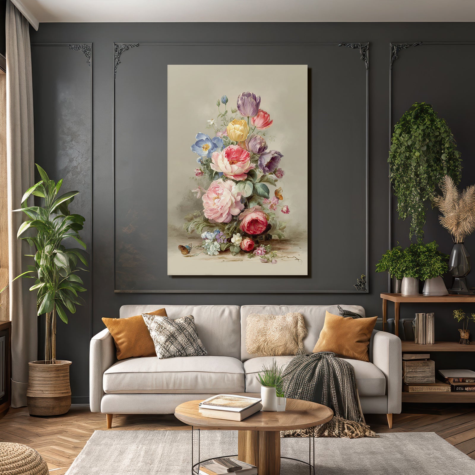 Kunstvoller Bunter Strauss Mit Schmetterlingen Saftigen Grünen Blättern Und Blüten