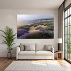 Friedliche Landschaft Mit Pier Und Nebel Mit Lila Blumen | Duenen und Heide | Landschaften