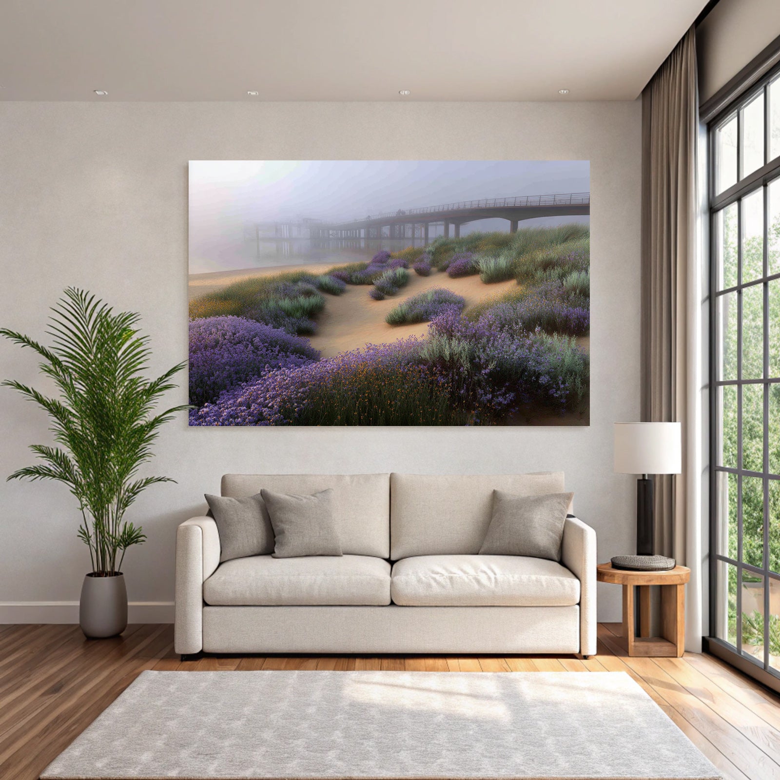 Friedliche Landschaft Mit Pier Und Nebel Mit Lila Blumen | Duenen und Heide | Landschaften