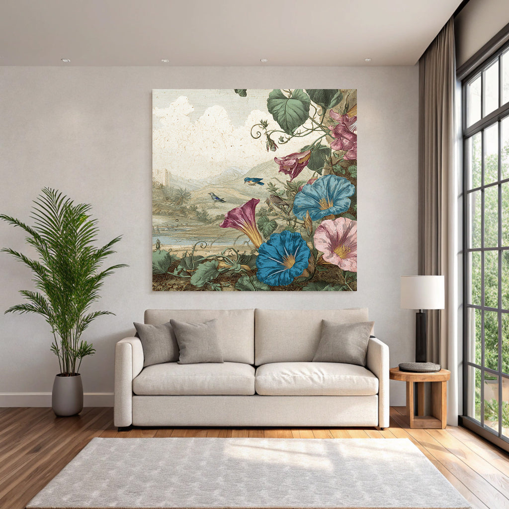 Rosa Und Blaü Prunkwinden Mit Vögeln In Botanischer Landschaft