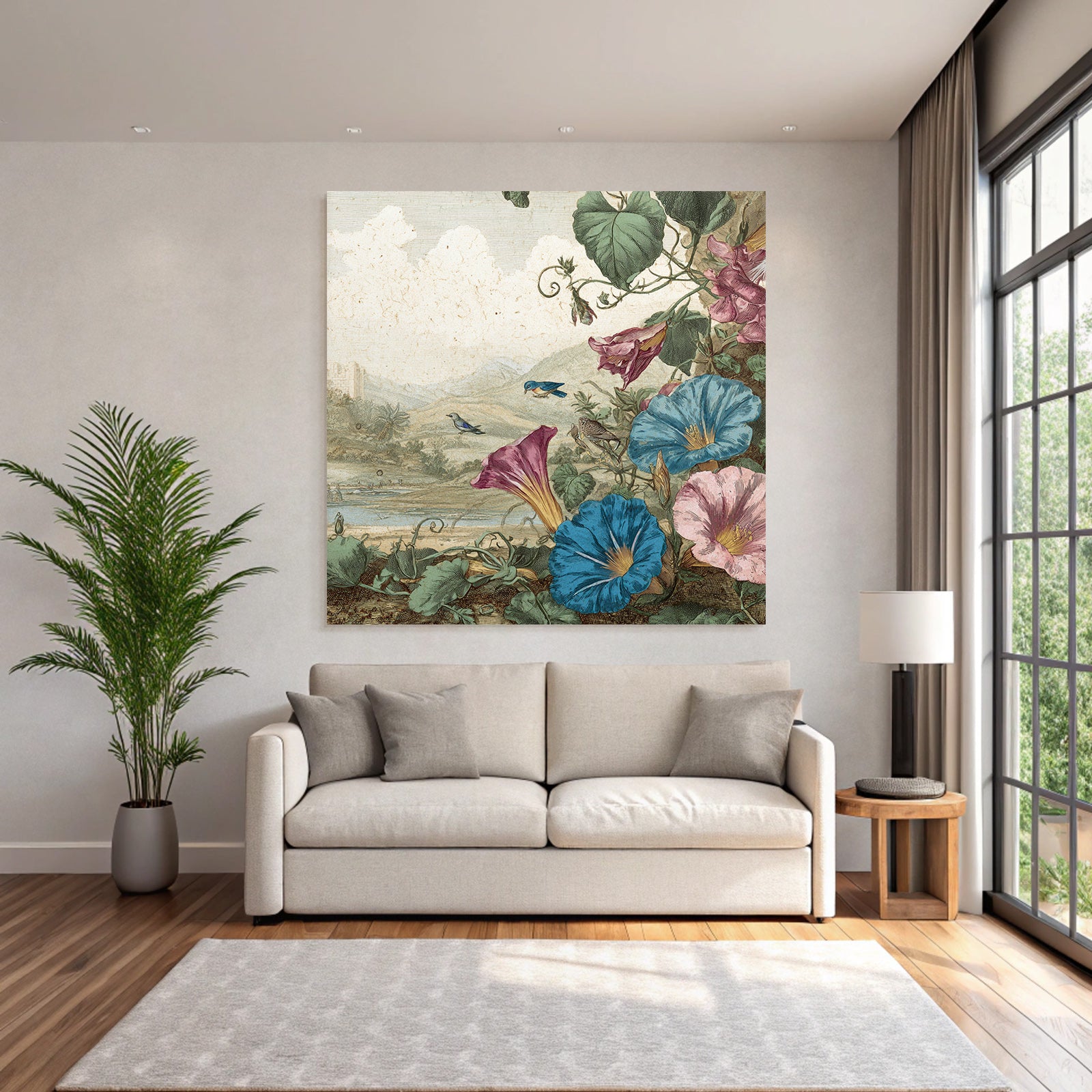 Rosa Und Blaü Prunkwinden Mit Vögeln In Botanischer Landschaft