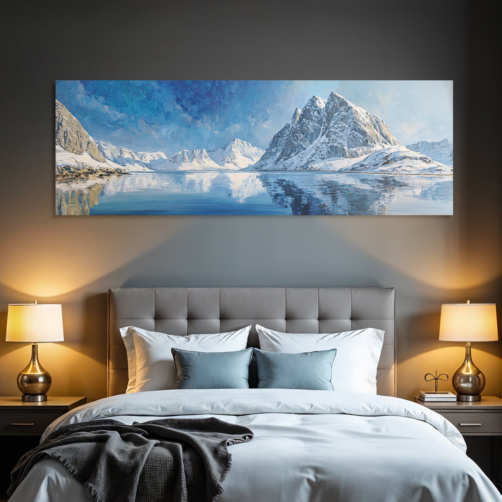 Polarlicht Schneebedeckte Berge Und Ruhiger Wasser Spiegel Winterlandschaft | Fjorde und Gletscher | Landschaften