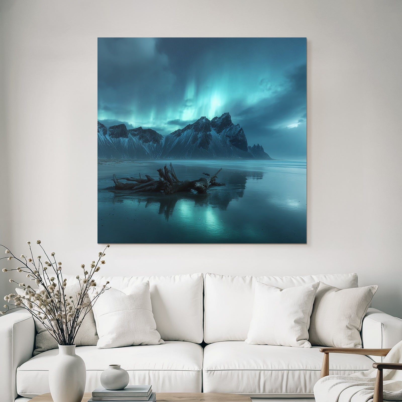 Polarlicht Dramatische Berge Nacht Himmel Aurora Borealis Spiegelung Strand | Fjorde und Gletscher | Landschaften