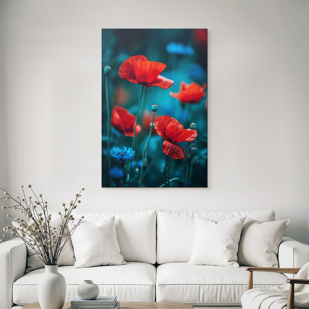Träumerische Wiese Mit Roten Mohn Und Blaün Korn
