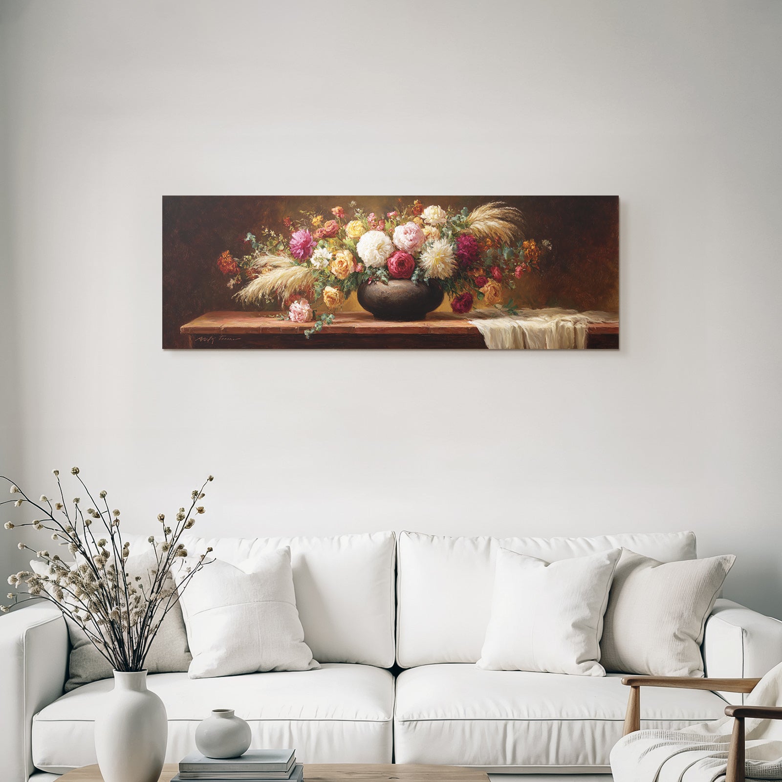 Trocken Retro Flowers Stillleben Dunkel Vase Holzoberfläche Vibrante Farben