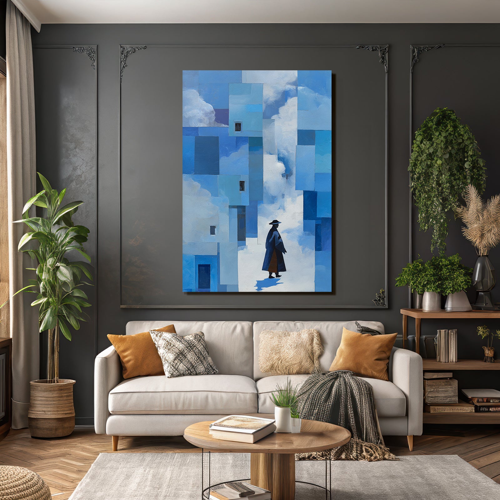 Yoga Meditation Gestalt In Dunklem Mantel Und Hut Auf Abstraktem Blaün Hintergrund | Yoga und Meditation | Themen und Hobbys