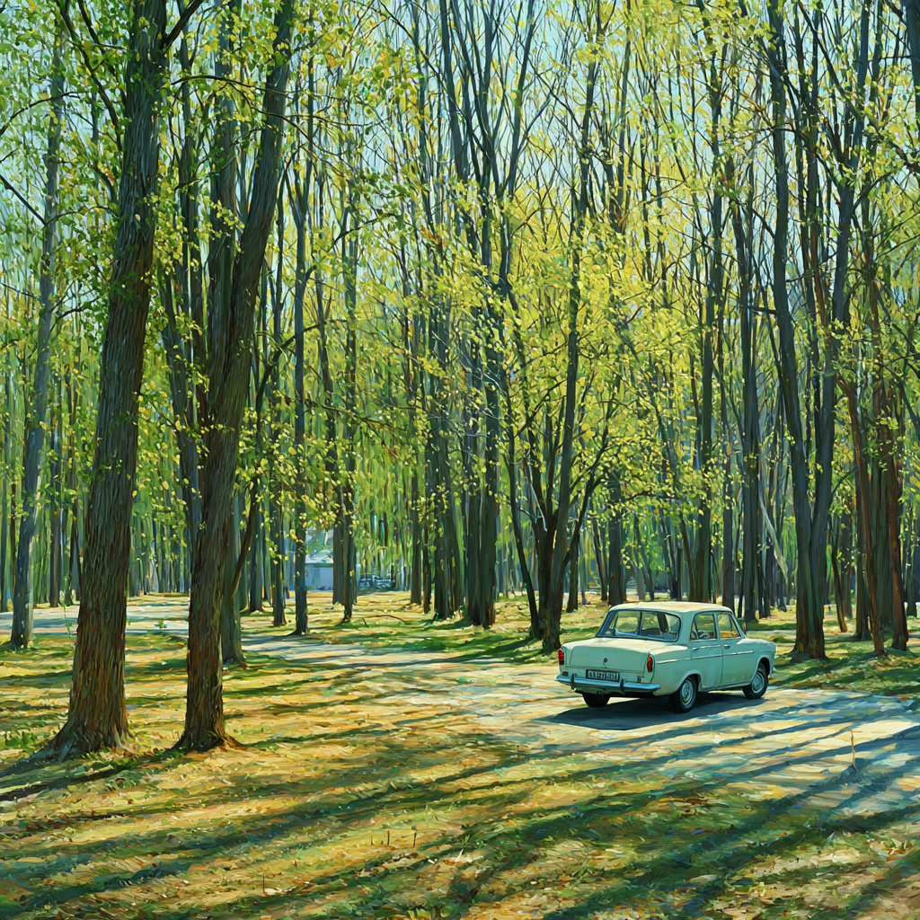 Friedlicher Wald Mit Altem Grünem Auto | Duenen und Heide | Landschaften