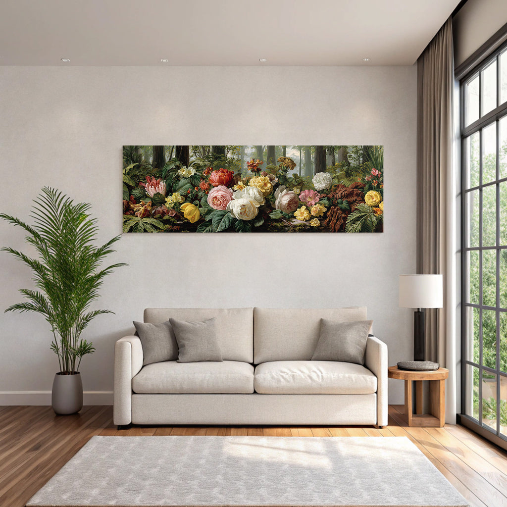 Garten Mit Vielen Rosen Und Nebeligem Hintergrund