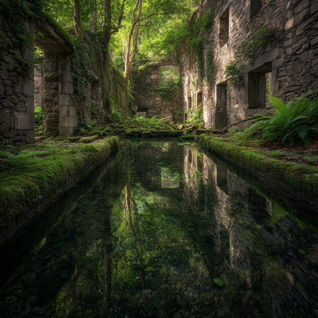 Überwachsene Steinruinen Umgeben Von Grünem Land Schöner See Reflexion | Lost Places | Architektur