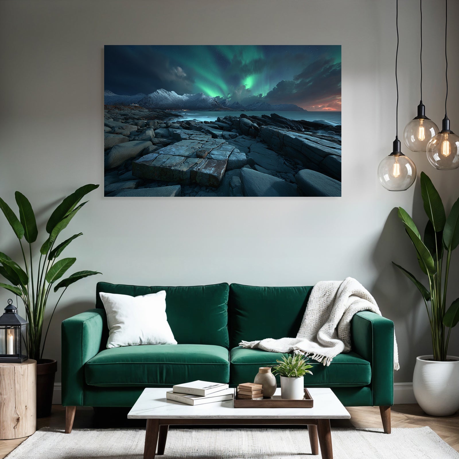Polarlicht Rockige Küste Mit Aurora Borealis Und Schneebedeckten Bergen | Fjorde und Gletscher | Landschaften