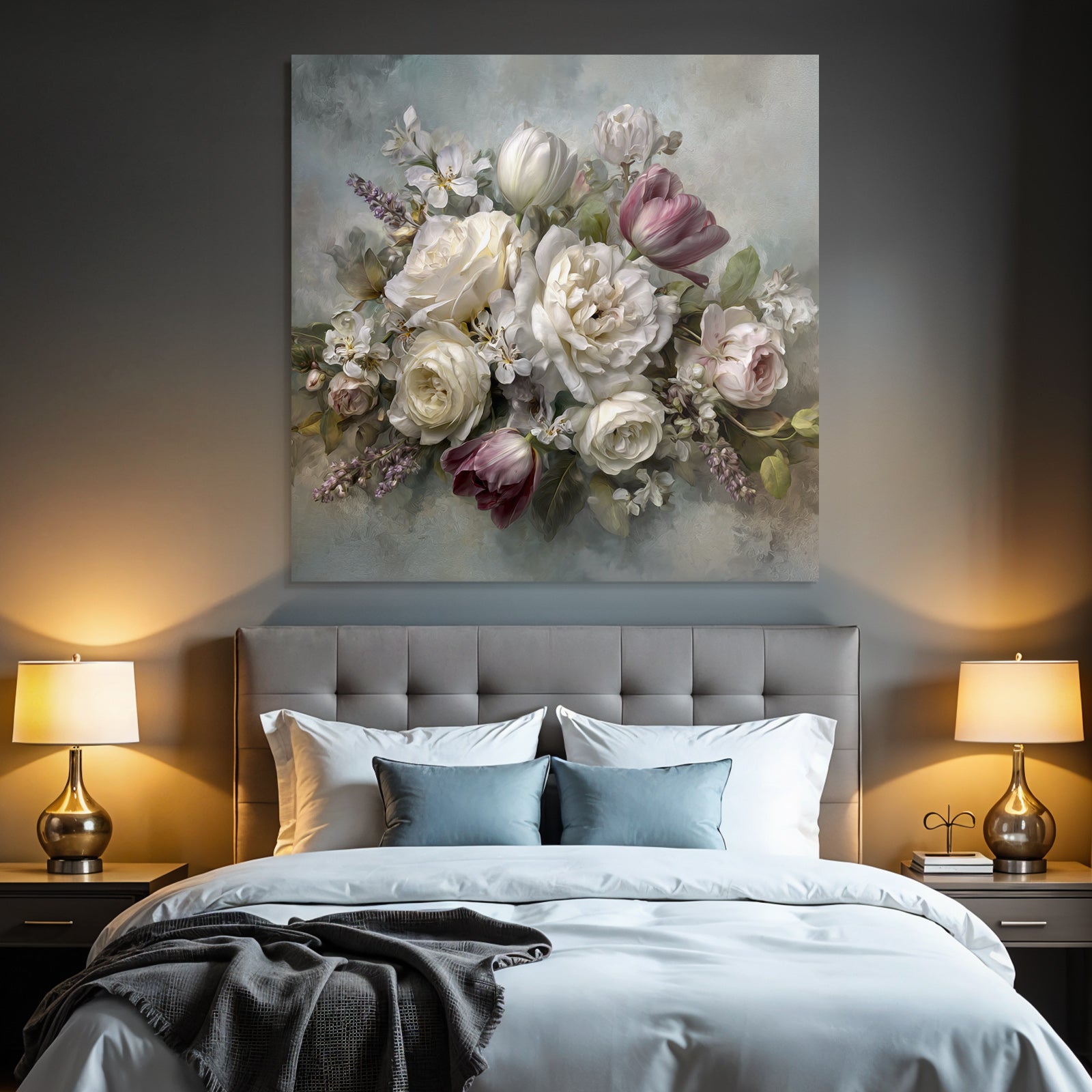 Zarte Florale Komposition Mit Rosen Tulpen Und Lavendel