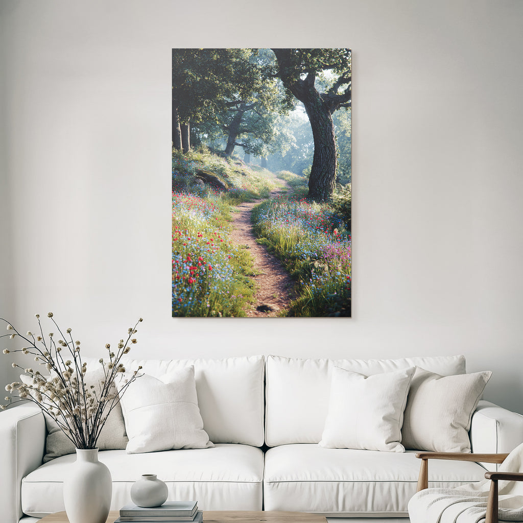 Waldweg Mit Sanftem Sonnenlicht Und Bunten