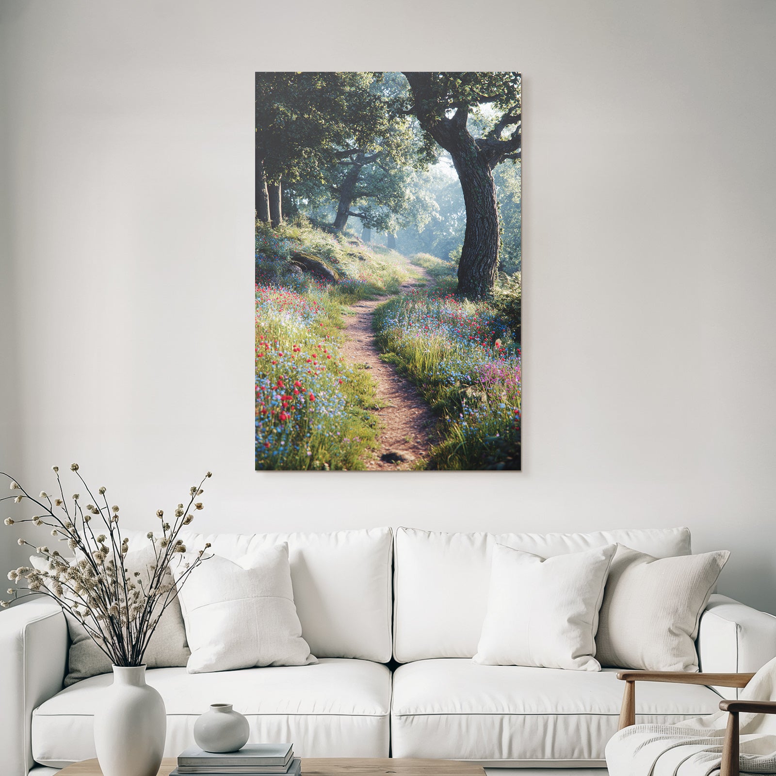 Waldweg Mit Sanftem Sonnenlicht Und Bunten