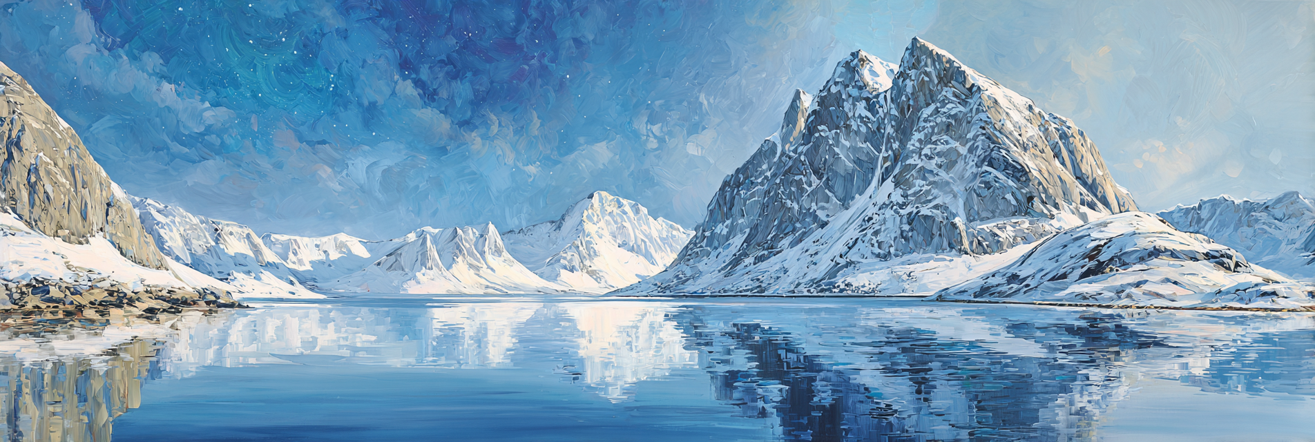 Polarlicht Schneebedeckte Berge Und Ruhiger Wasser Spiegel Winterlandschaft | Fjorde und Gletscher | Landschaften