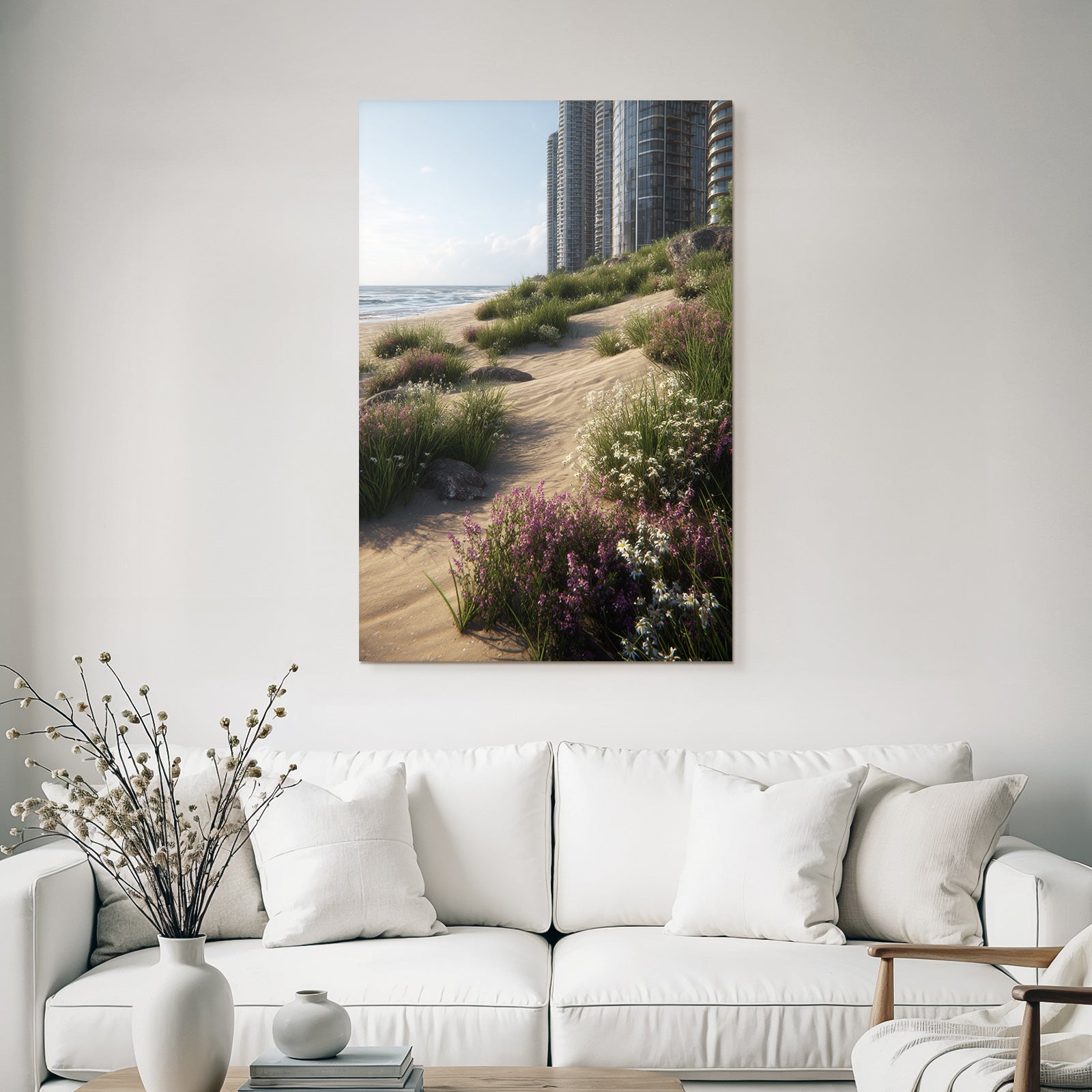 Strandszene Mit Modernen Gebaeuden Und Blumen | Duenen und Heide | Landschaften